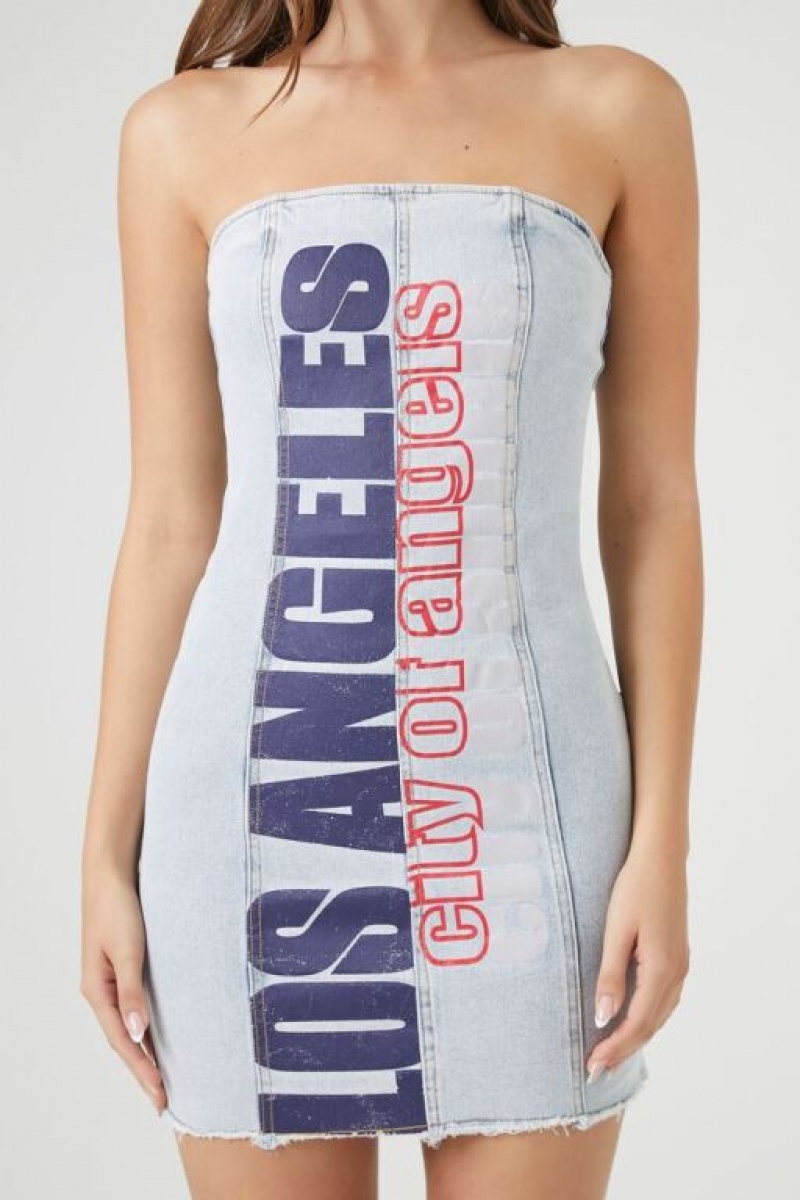 Vestido Forever 21 Los Angeles Estampadas Denim Mini Mujer Azules Claro | 0D3QxnHoKpx