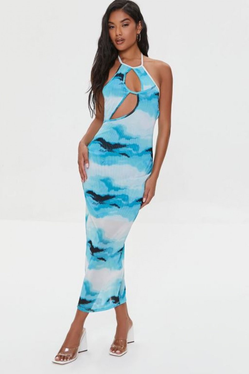 Vestido Forever 21 Mesh Abstract Print Midi Mujer Azules Multicolor | 2nXtR12arlP