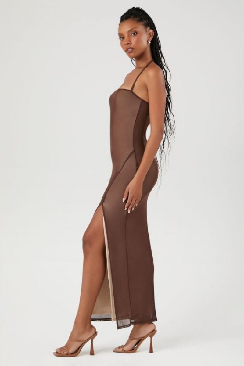 Vestido Forever 21 Mesh Halter Seamed Maxi Mujer Marrones Beige | DSRfOdE4bdk