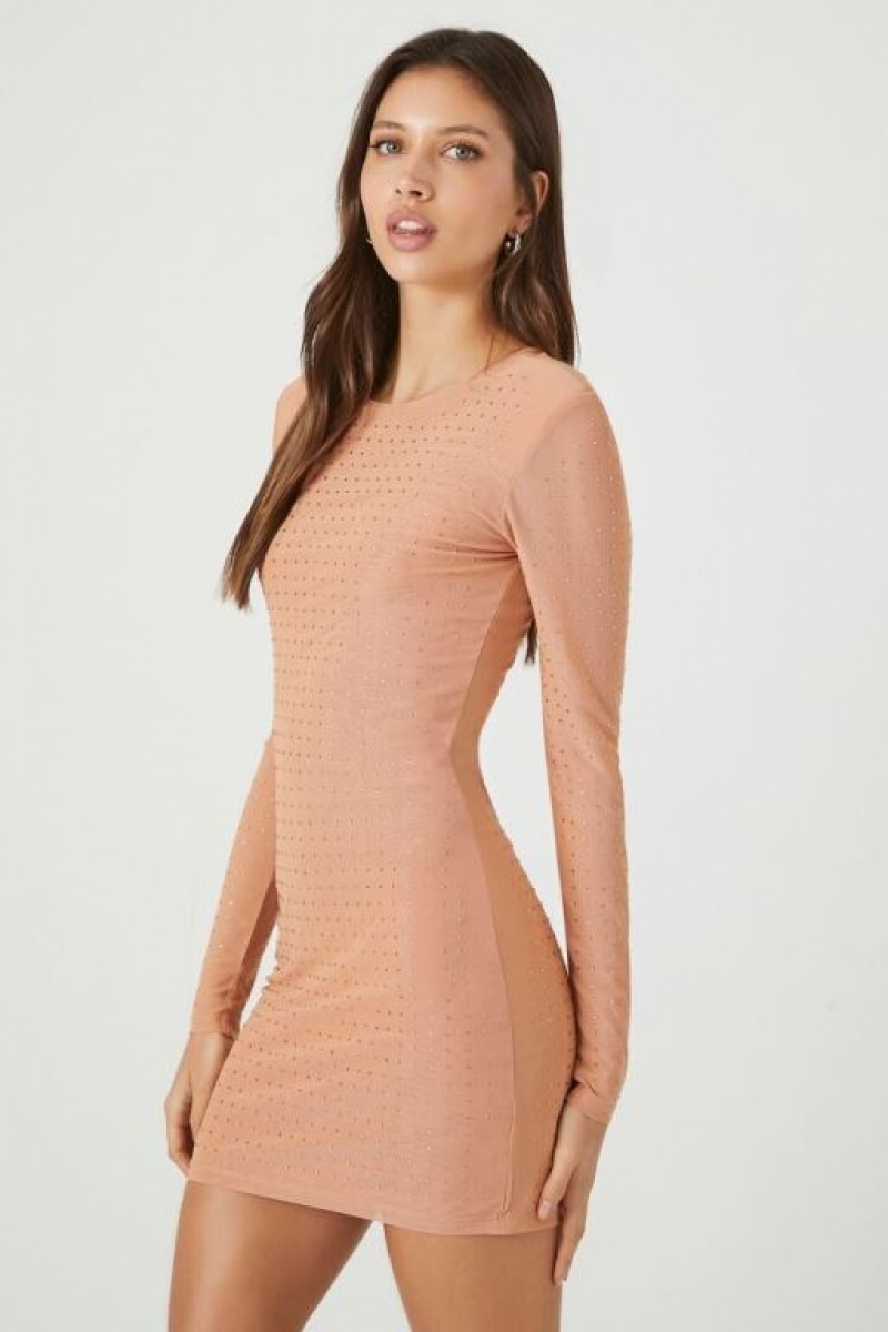 Vestido Forever 21 Mesh Rhinestone Mini Mujer Almond | ODMpgREOM32