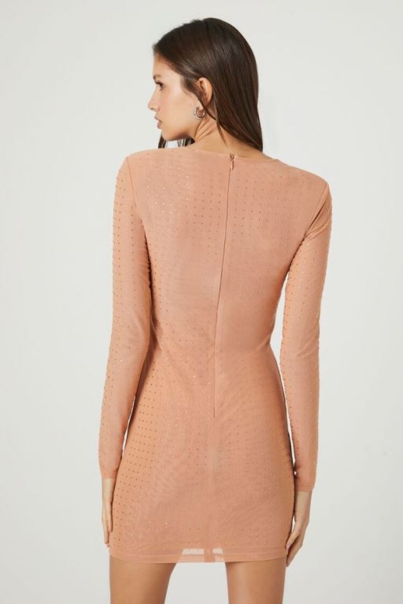 Vestido Forever 21 Mesh Rhinestone Mini Mujer Almond | ODMpgREOM32