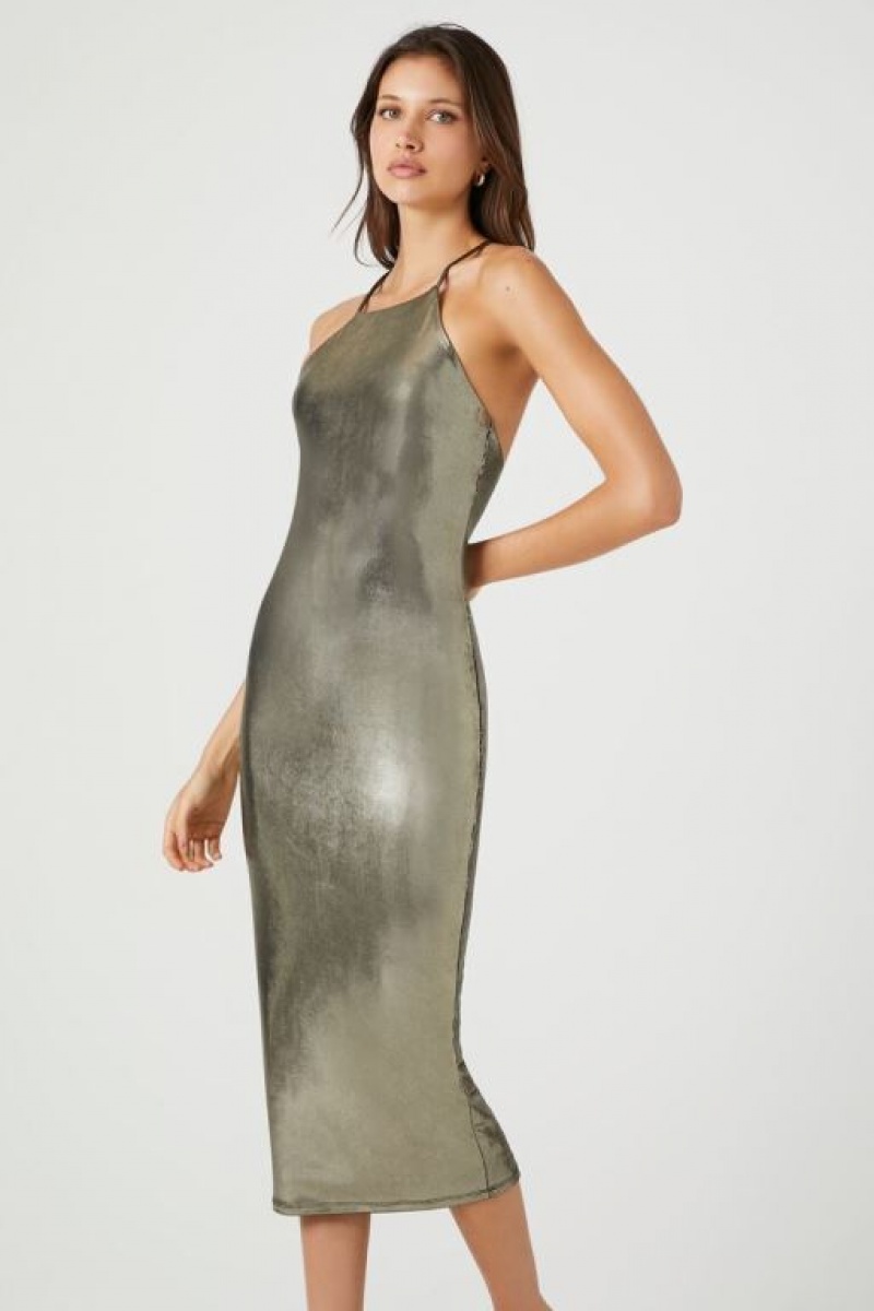 Vestido Forever 21 Metallic Halter Midi Slip Mujer Doradas | Xnn08Dg2KYL