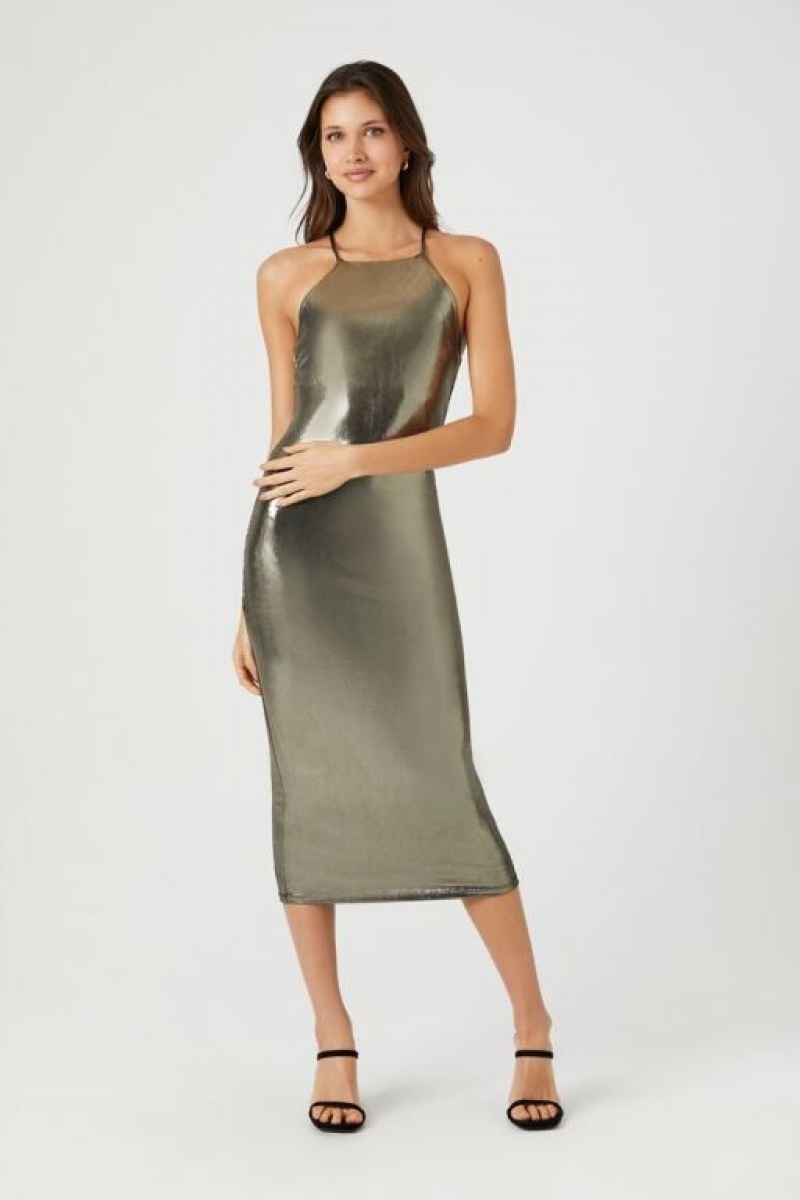 Vestido Forever 21 Metallic Halter Midi Slip Mujer Doradas | Xnn08Dg2KYL