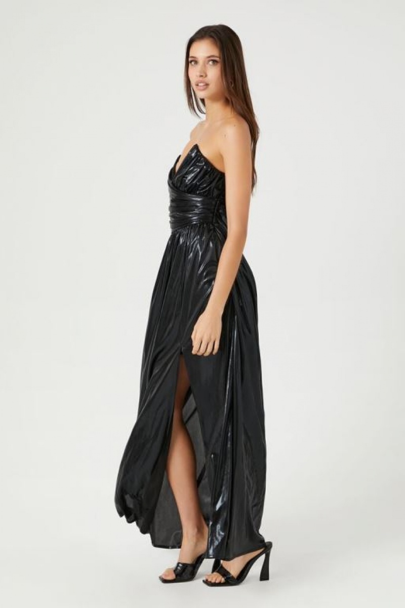 Vestido Forever 21 Metallic Ruched Strapless Midi Mujer Negras | eDhPFvqcKFk