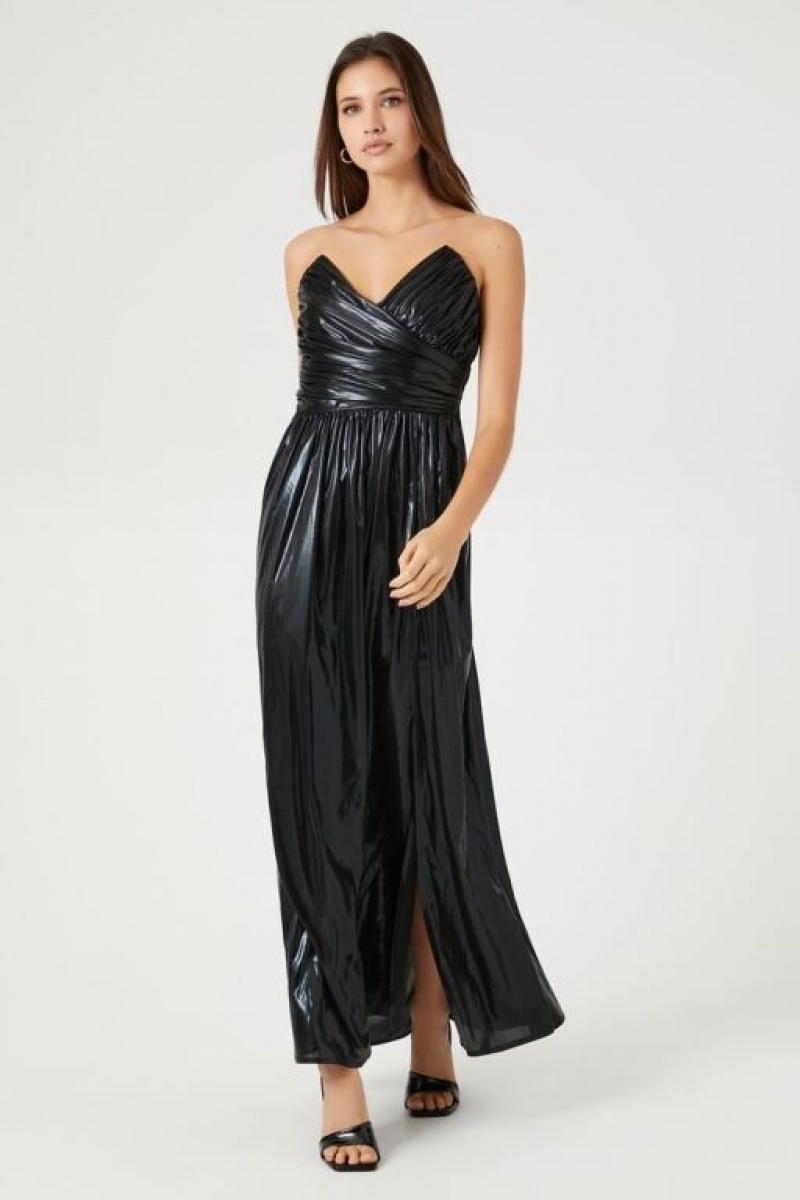 Vestido Forever 21 Metallic Ruched Strapless Midi Mujer Negras | eDhPFvqcKFk