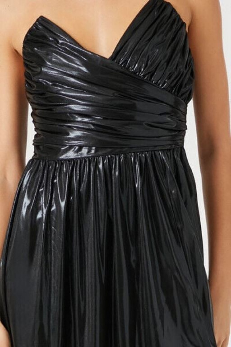 Vestido Forever 21 Metallic Ruched Strapless Midi Mujer Negras | eDhPFvqcKFk