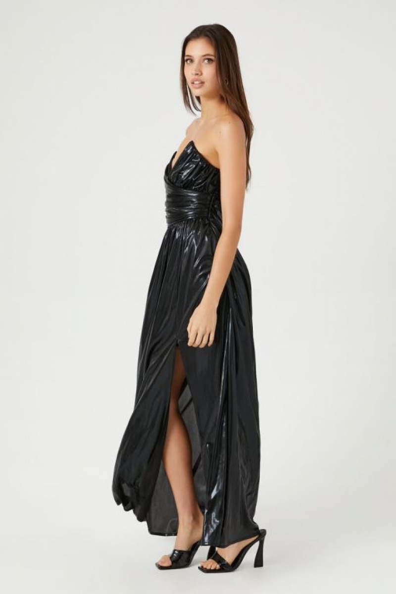 Vestido Forever 21 Metallic Ruched Strapless Midi Mujer Negras | mqSQbMaZQEB