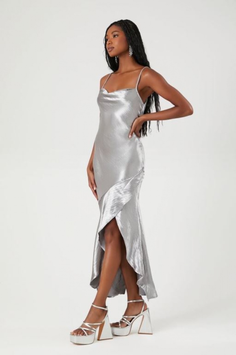 Vestido Forever 21 Metallic Satin Midi Slip Mujer Gris | kXZQXJqTh9l