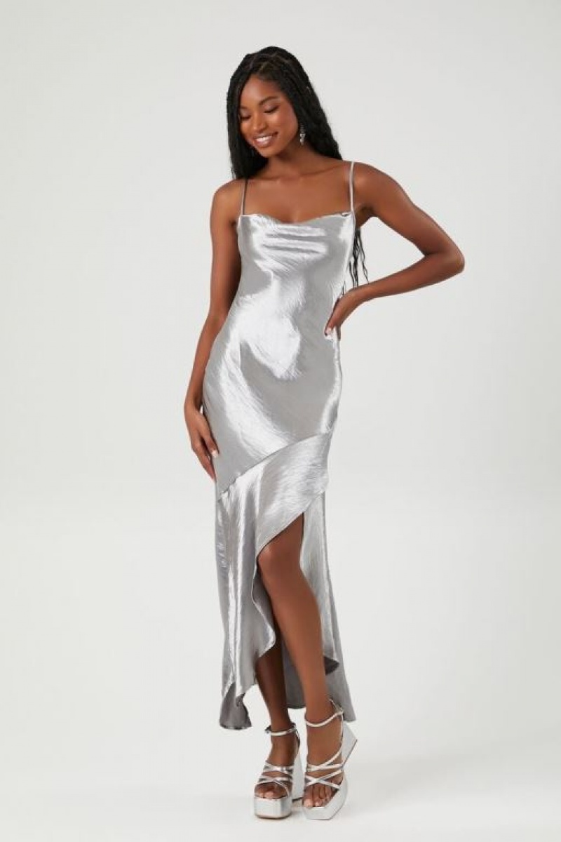 Vestido Forever 21 Metallic Satin Midi Slip Mujer Gris | kXZQXJqTh9l