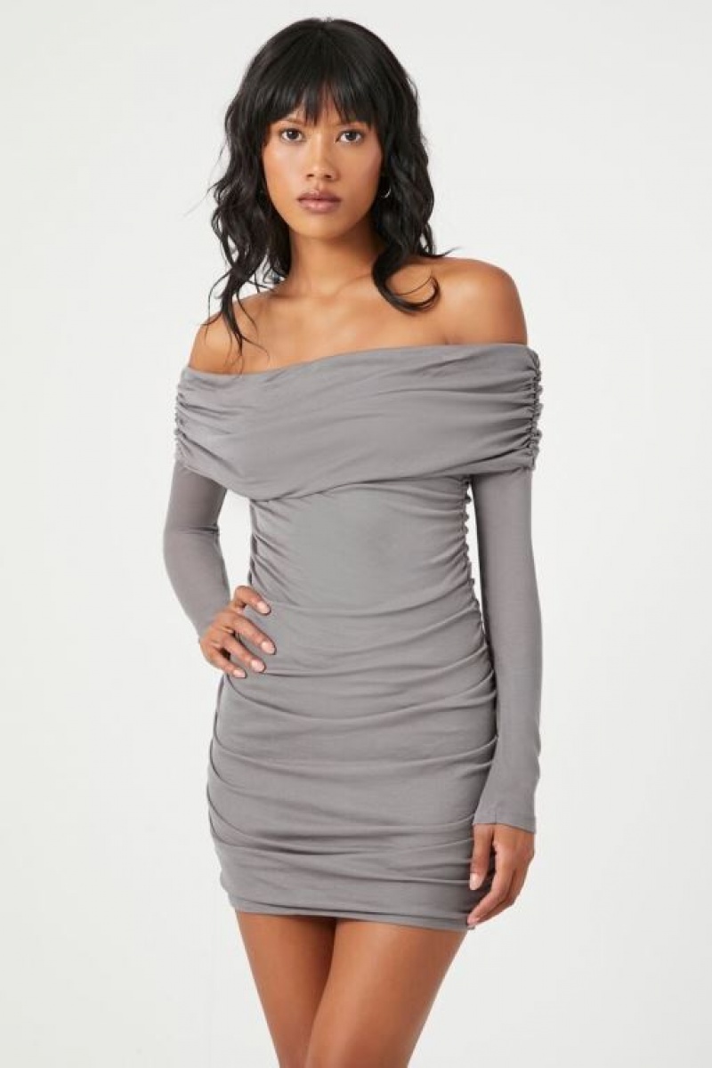 Vestido Forever 21 Off The Shoulder Foldover Mini Mujer Gris Oscuro | pRwN9qOzsRI