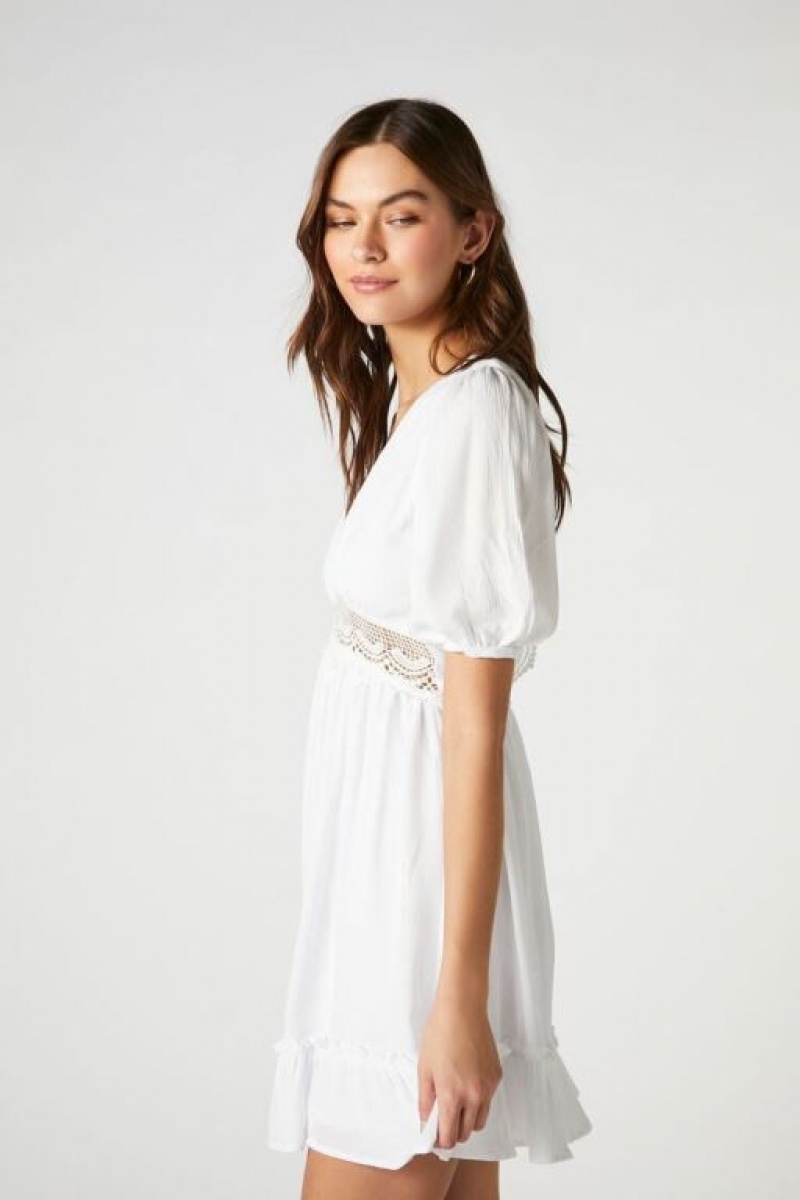 Vestido Forever 21 Open Knit Puff Sleeve Mini Mujer Blancas | sfDHT5voUiq