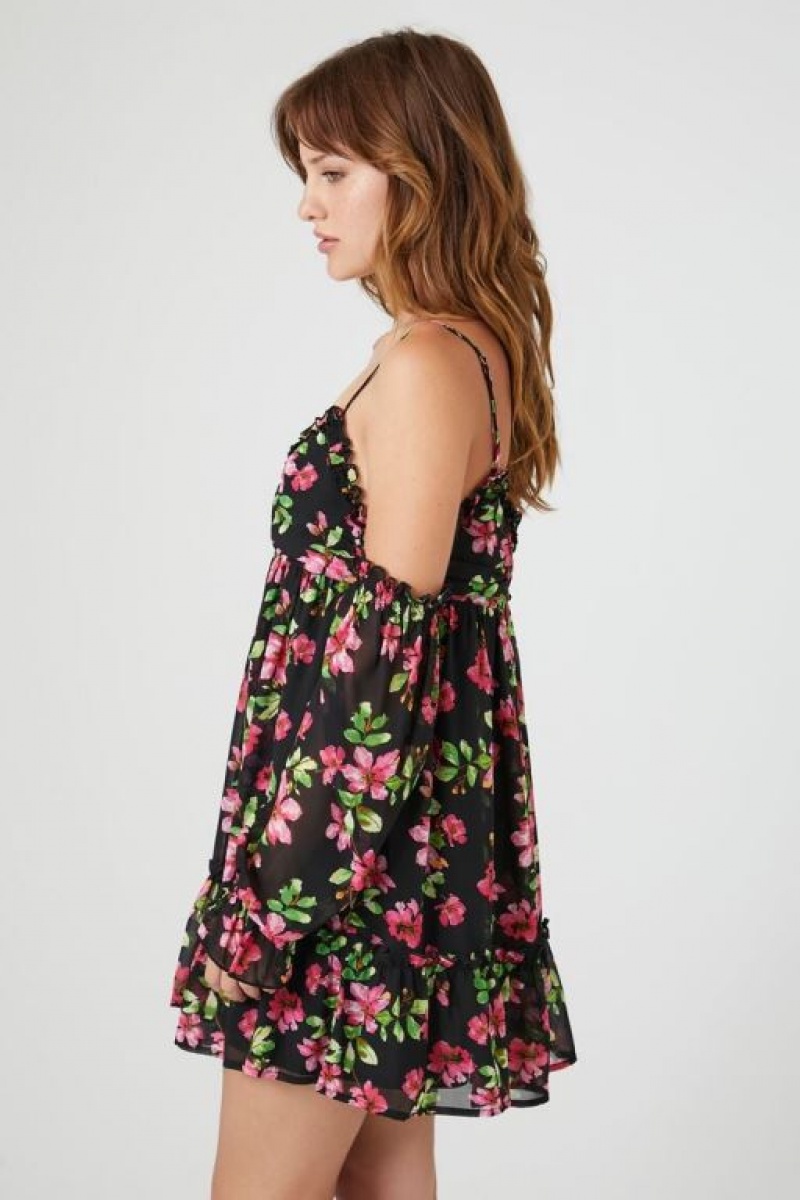 Vestido Forever 21 Open Shoulder Floral Print Mini Mujer Negras Multicolor | KUABjYAOG84