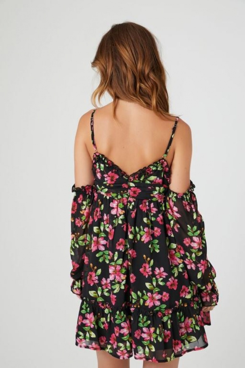 Vestido Forever 21 Open Shoulder Floral Print Mini Mujer Negras Multicolor | KUABjYAOG84