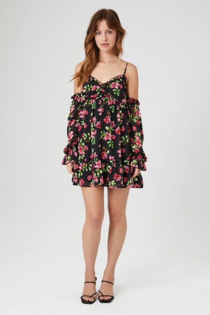 Vestido Forever 21 Open Shoulder Floral Print Mini Mujer Negras Multicolor | KUABjYAOG84