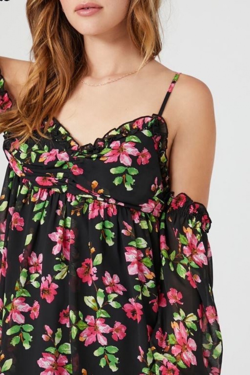 Vestido Forever 21 Open Shoulder Floral Print Mini Mujer Negras Multicolor | KUABjYAOG84