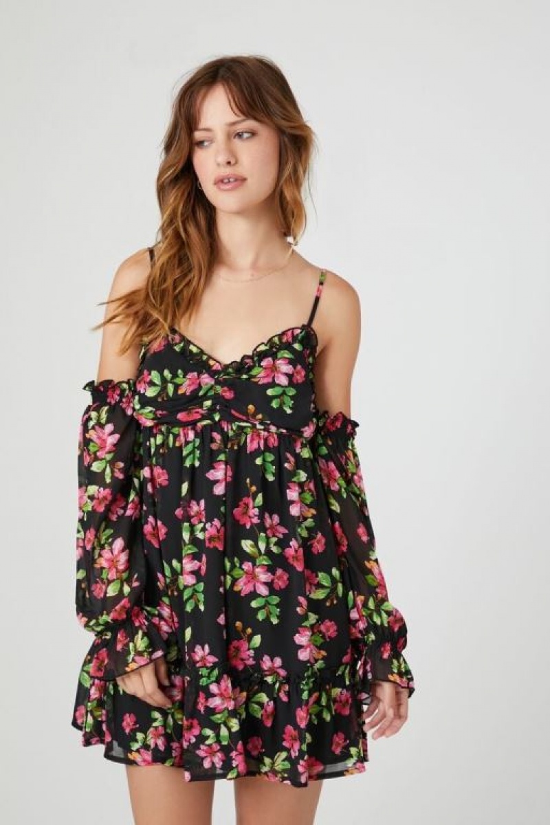 Vestido Forever 21 Open Shoulder Floral Print Mini Mujer Negras Multicolor | KUABjYAOG84