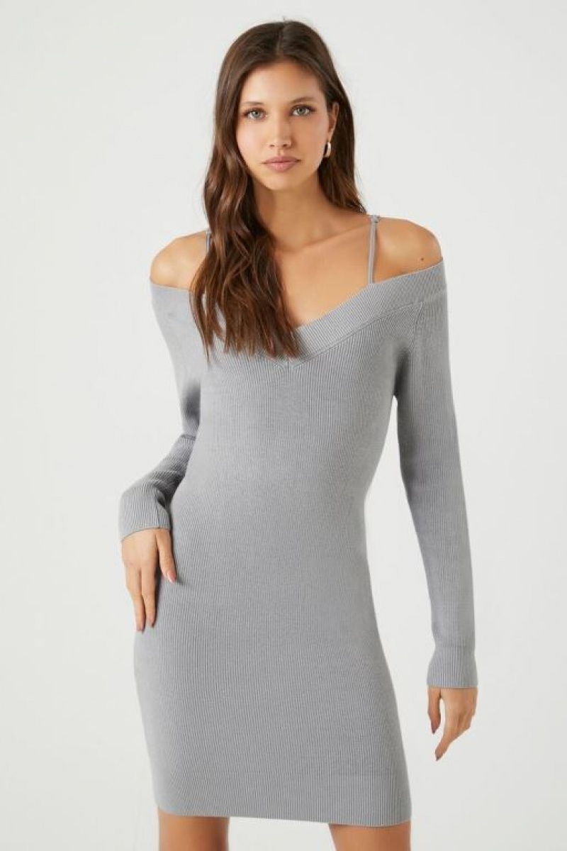 Vestido Forever 21 Open Shoulder Mini Mujer Gris | mCzvaVRsidN