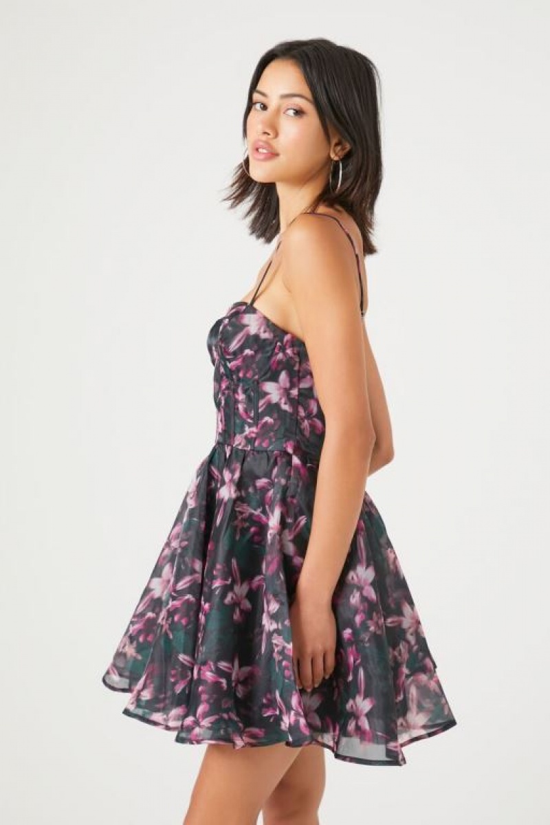 Vestido Forever 21 Organza Floral Print Mini Mujer Negras Multicolor | Uw01gZPE0ZB