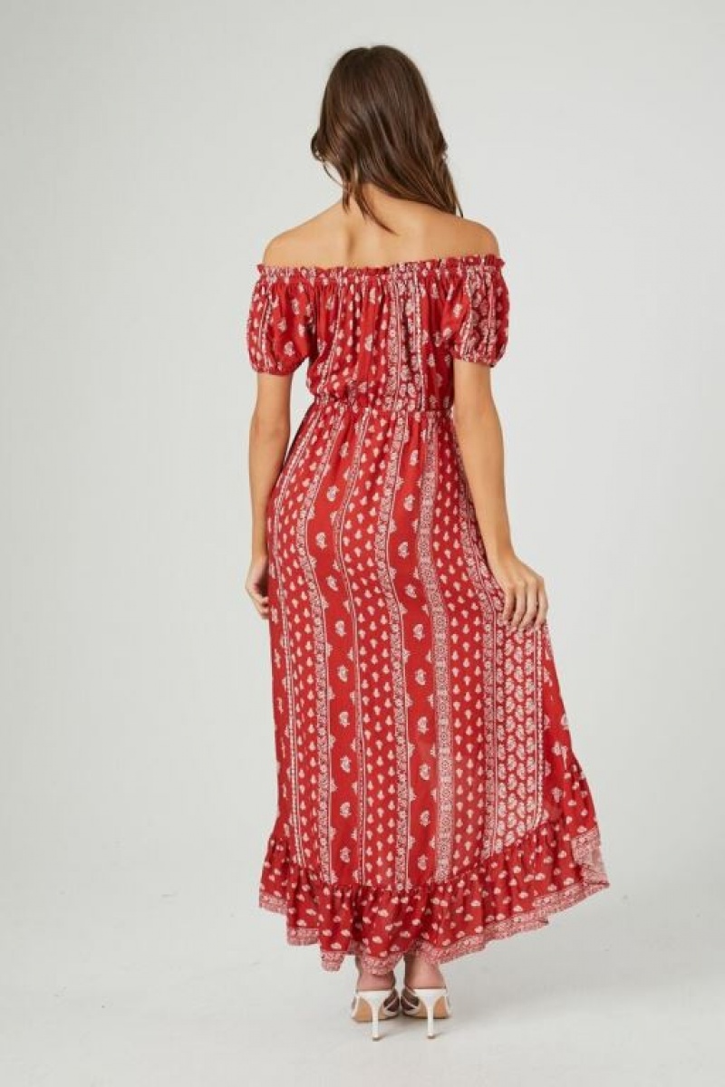 Vestido Forever 21 Ornate Off The Shoulder Maxi Mujer Rojas Multicolor | i5lUCIndYD0