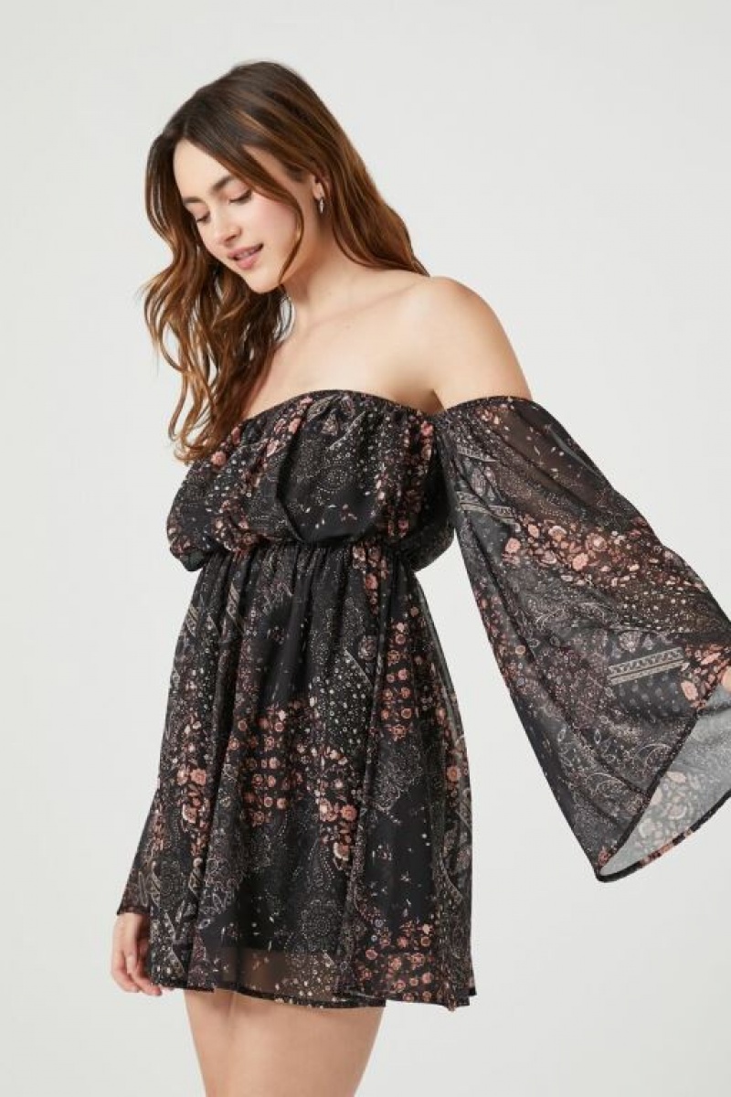 Vestido Forever 21 Paisley Print Off The Shoulder Mini Mujer Negras Multicolor | 2FPfV5F5oNf