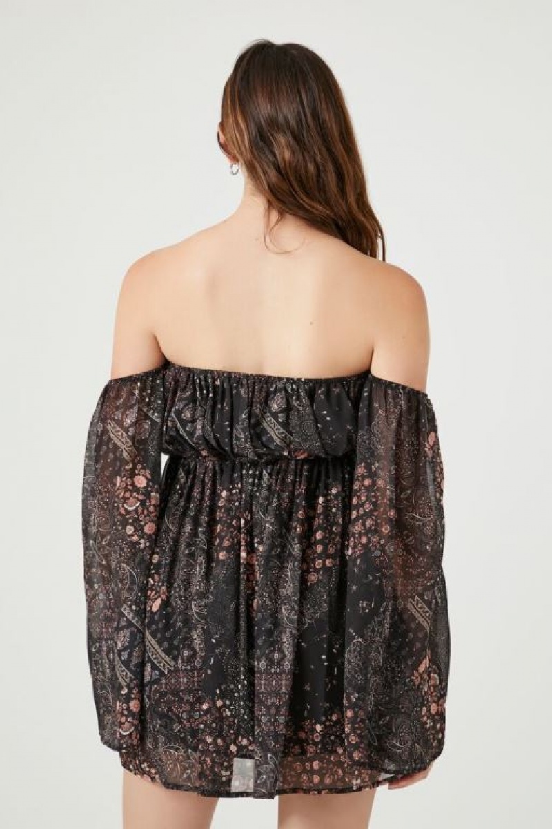 Vestido Forever 21 Paisley Print Off The Shoulder Mini Mujer Negras Multicolor | 2FPfV5F5oNf