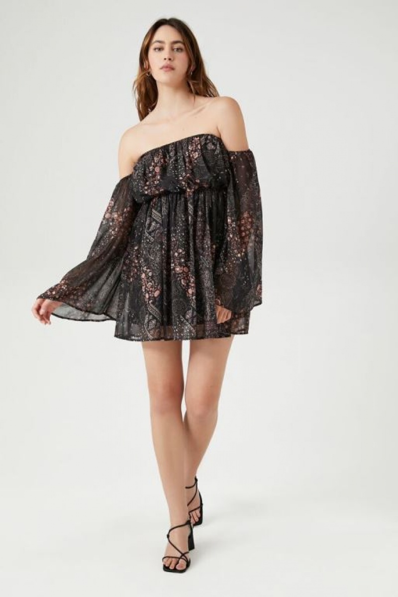 Vestido Forever 21 Paisley Print Off The Shoulder Mini Mujer Negras Multicolor | 2FPfV5F5oNf