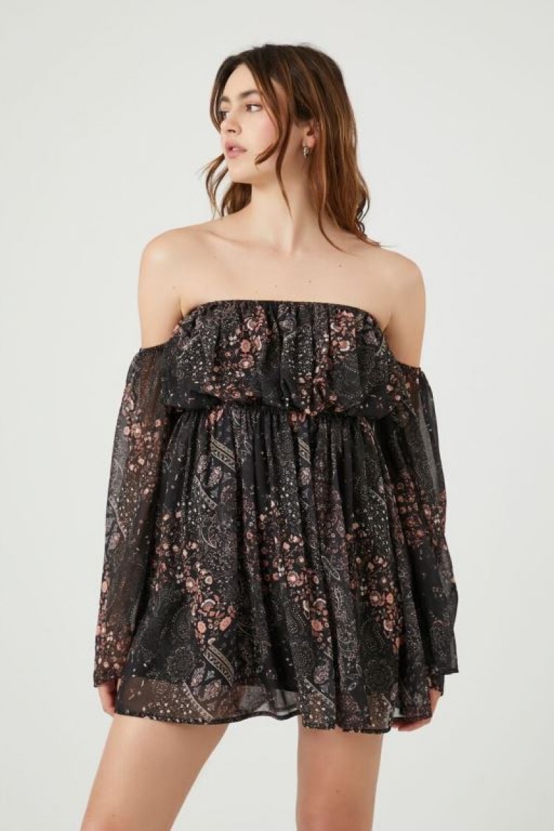 Vestido Forever 21 Paisley Print Off The Shoulder Mini Mujer Negras Multicolor | 2FPfV5F5oNf