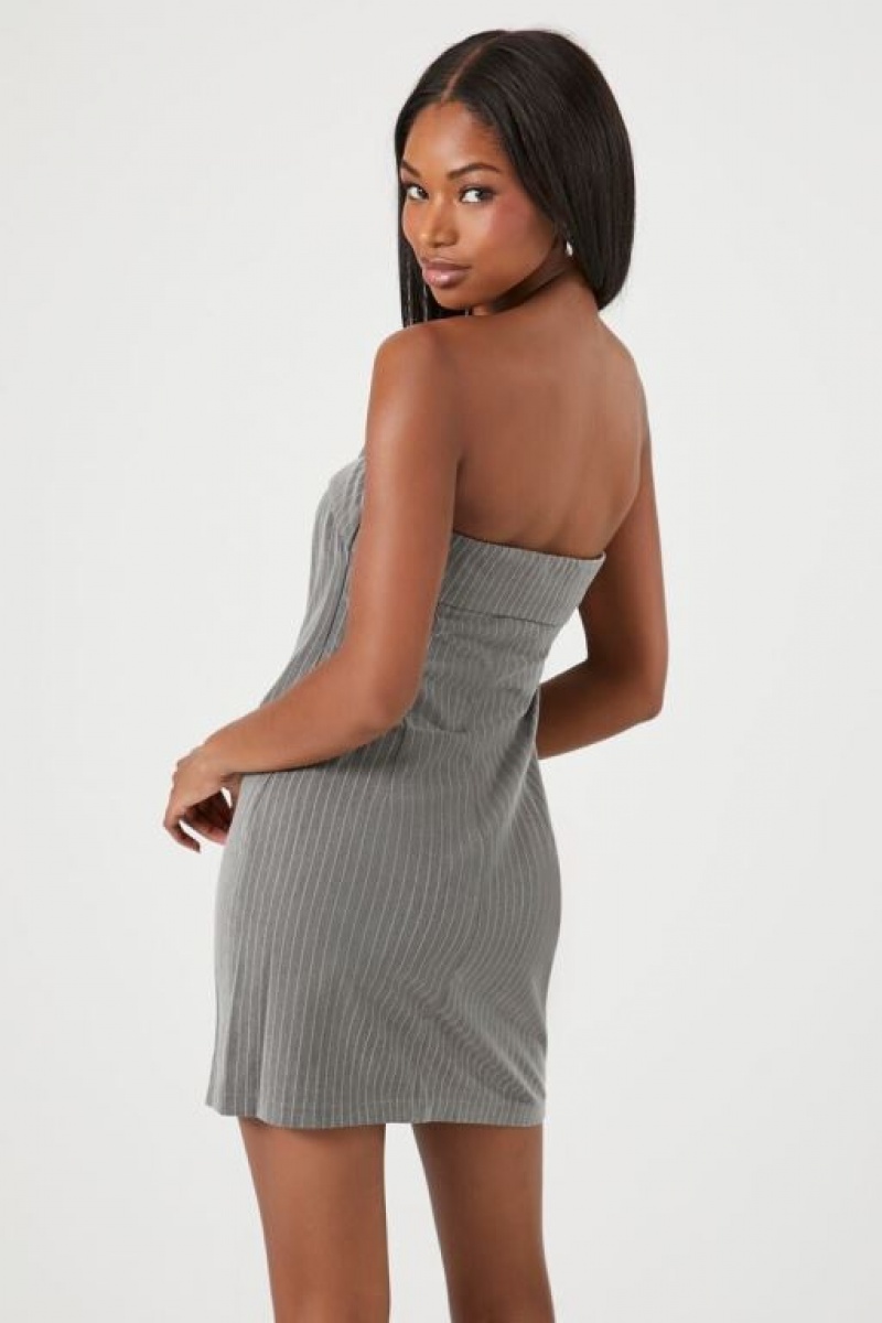 Vestido Forever 21 Pinstriped Strapless Mini Mujer Gris Blancas | uLPILzoWD4i