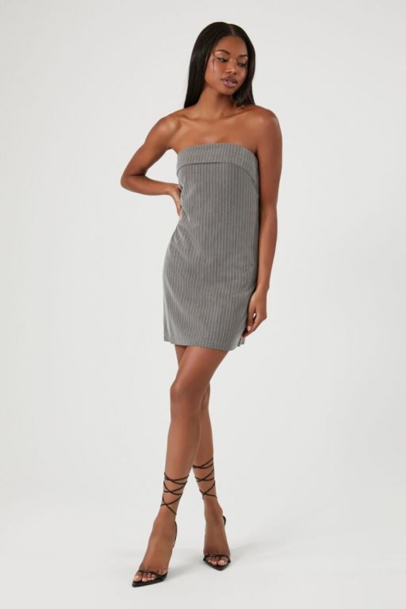 Vestido Forever 21 Pinstriped Strapless Mini Mujer Gris Blancas | uLPILzoWD4i