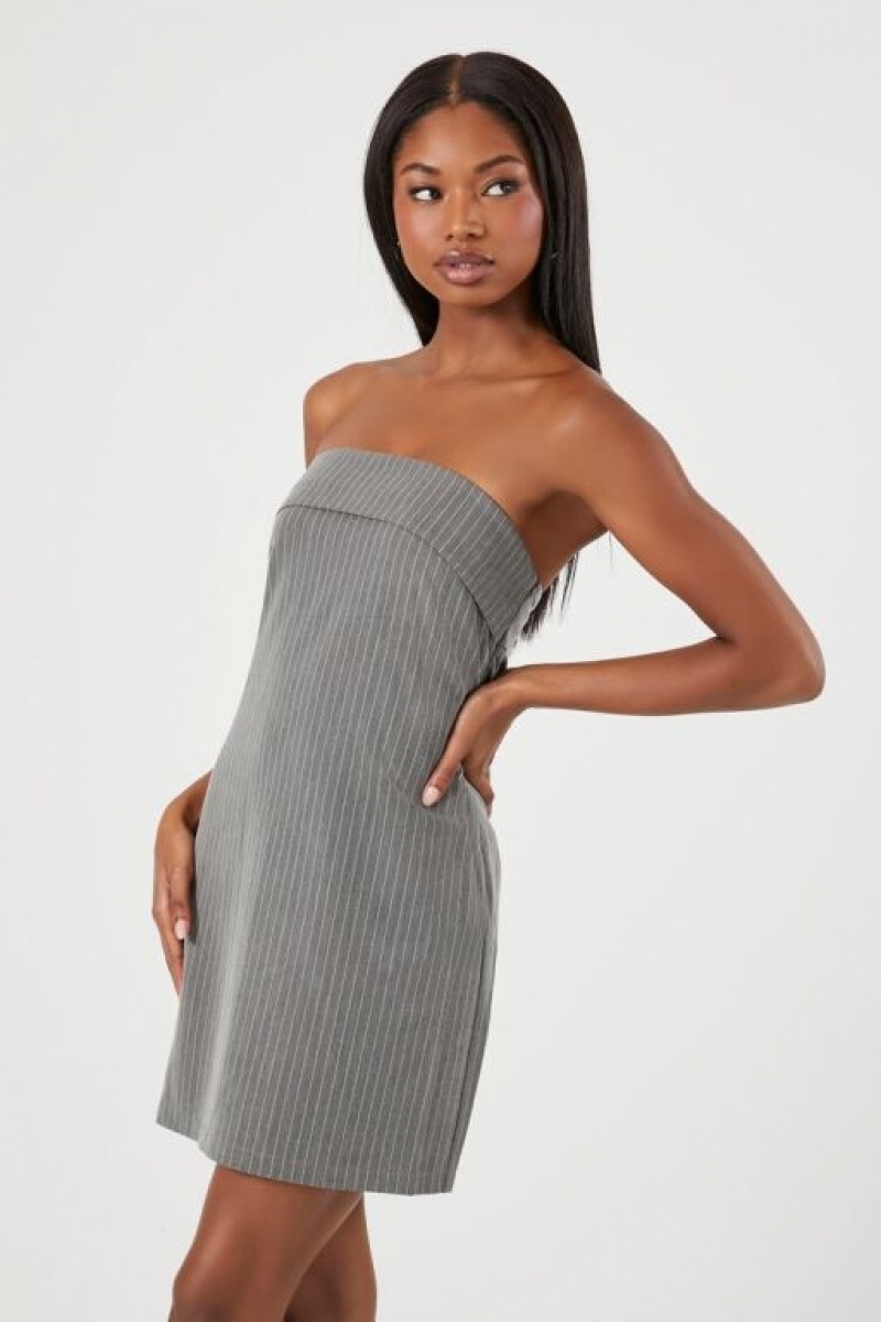 Vestido Forever 21 Pinstriped Strapless Mini Mujer Gris Blancas | uLPILzoWD4i