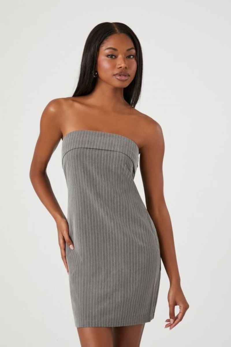 Vestido Forever 21 Pinstriped Strapless Mini Mujer Gris Blancas | uLPILzoWD4i