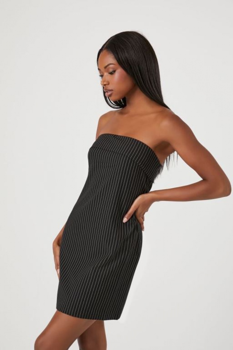 Vestido Forever 21 Pinstriped Strapless Mini Mujer Negras Blancas | 1ldGoqrHUW9