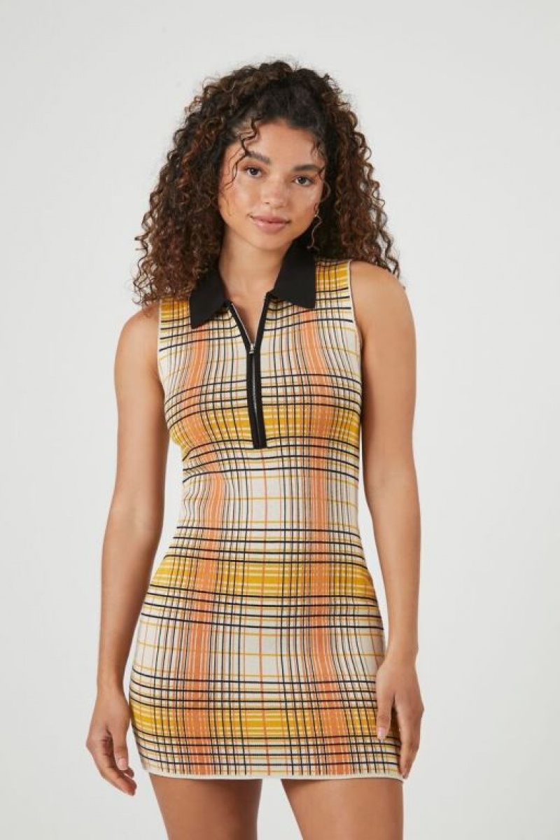 Vestido Forever 21 Plaid Half Zip Mini Mujer Amarillo Multicolor | h83ga04ctCI