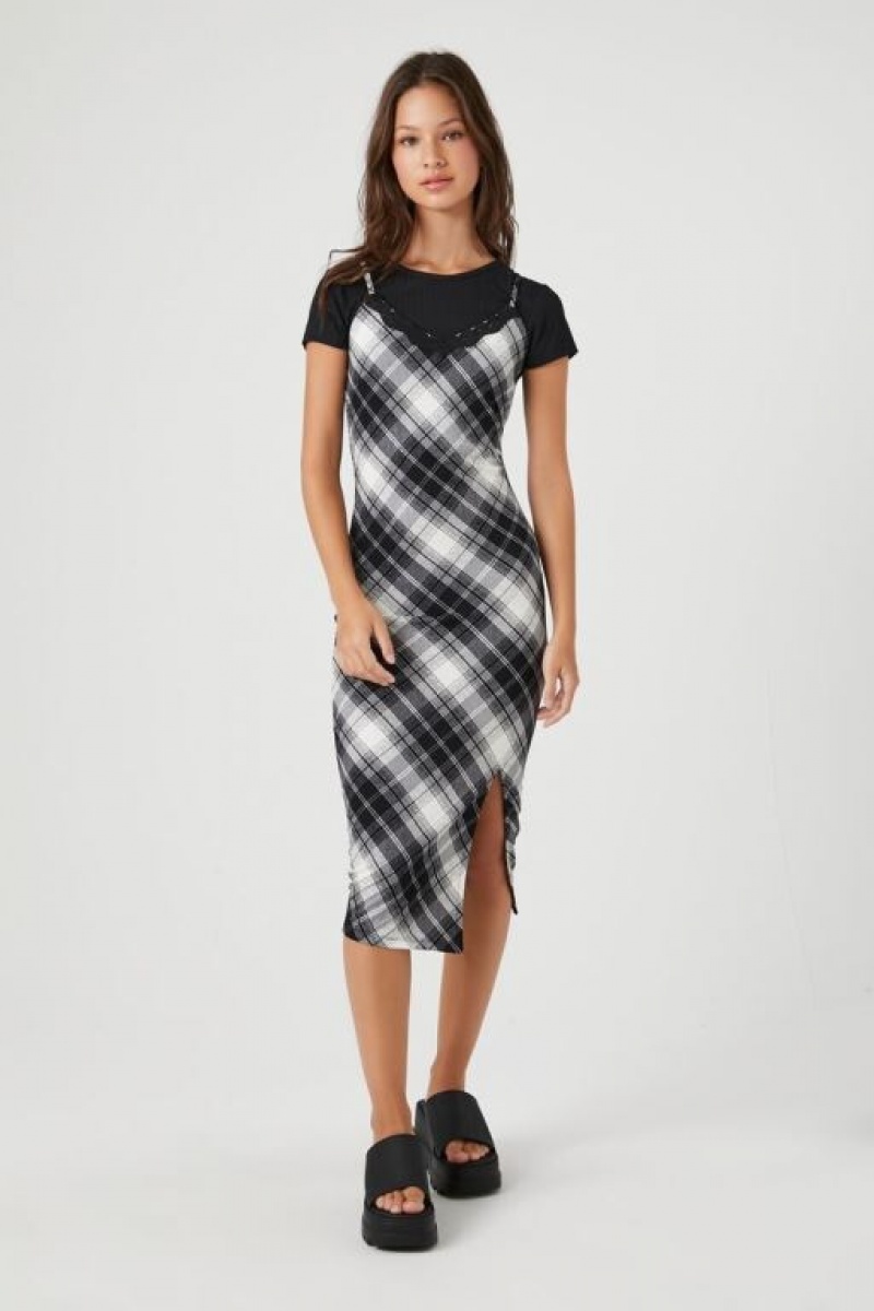 Vestido Forever 21 Plaid Midi Combo Mujer Negras Blancas | iDwIHaj0dZR