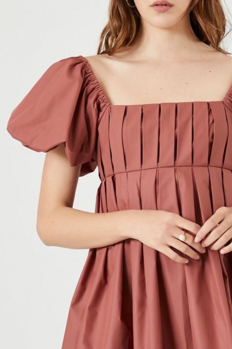 Vestido Forever 21 Plisado Babydoll Mujer Terra Cotta | CxLvMjgEkXh