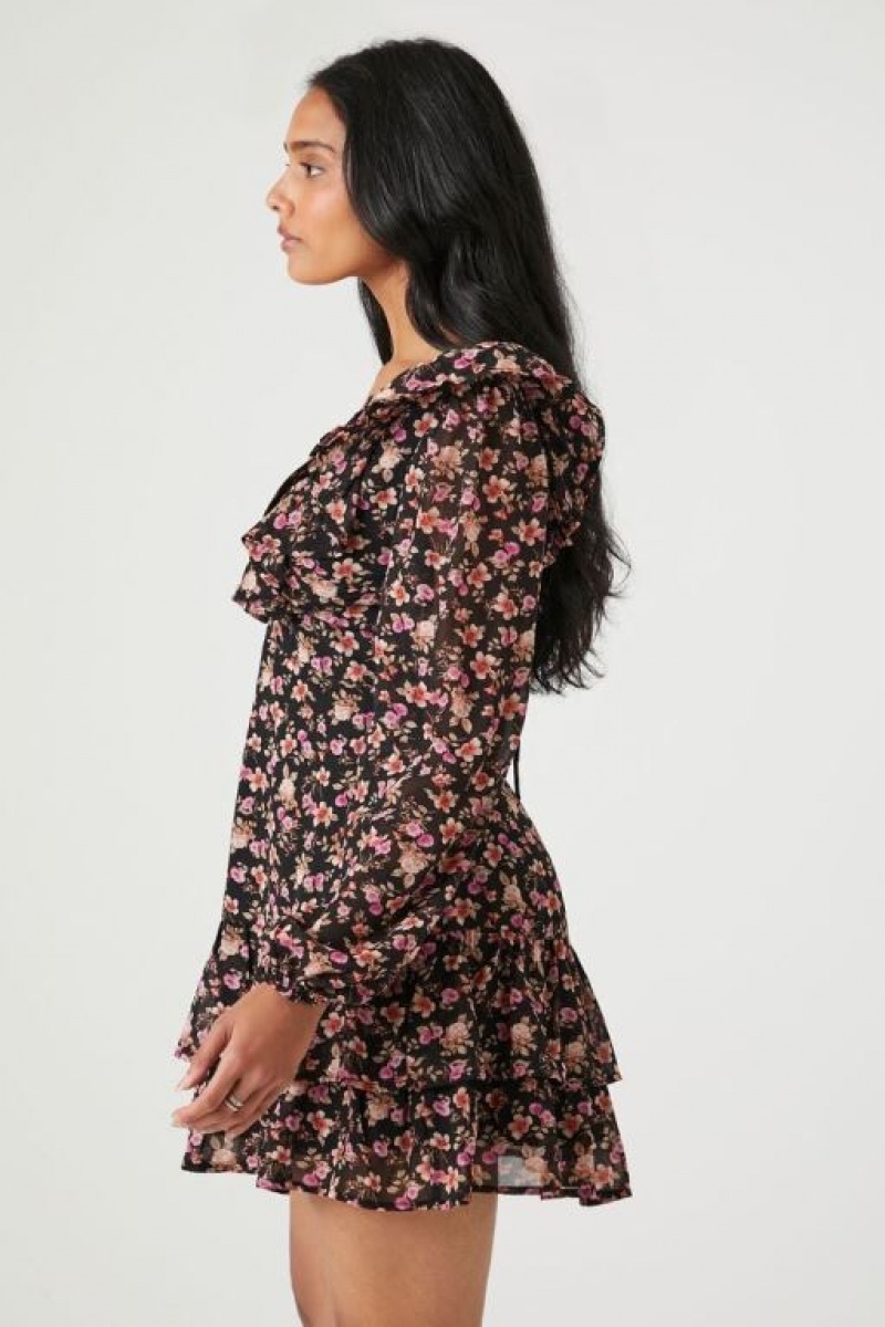 Vestido Forever 21 Plunging Floral Print Mini Mujer Negras Multicolor | rvitsQxhQPm