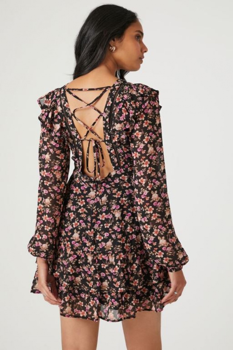 Vestido Forever 21 Plunging Floral Print Mini Mujer Negras Multicolor | rvitsQxhQPm