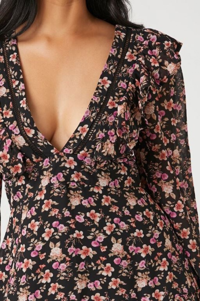 Vestido Forever 21 Plunging Floral Print Mini Mujer Negras Multicolor | rvitsQxhQPm