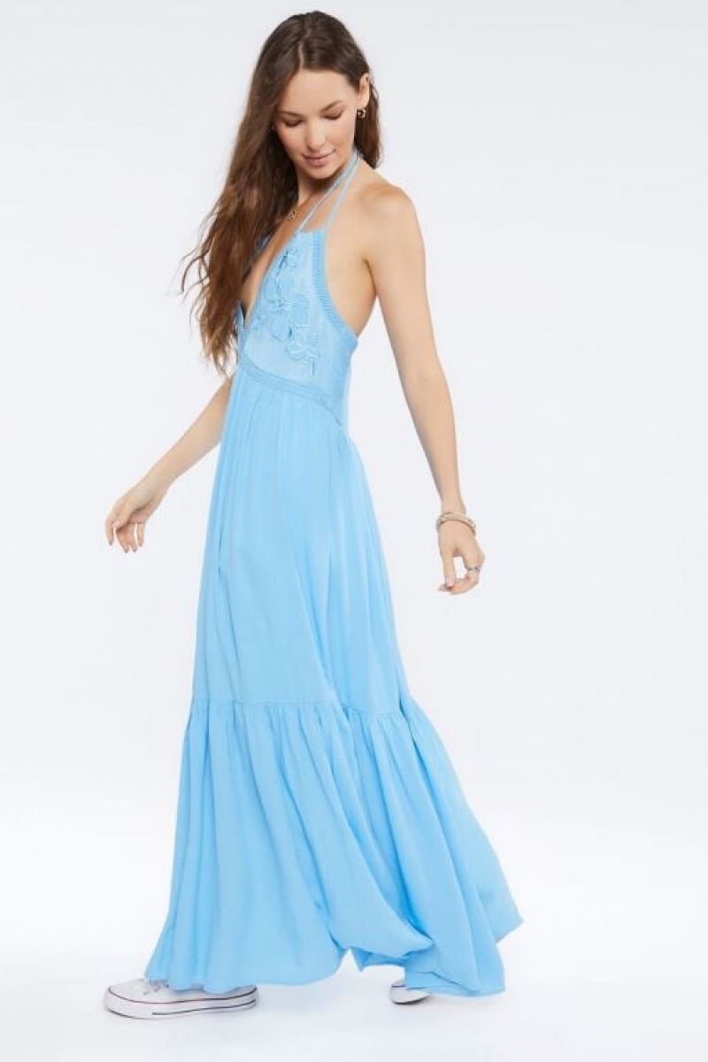 Vestido Forever 21 Plunging Halter Maxi Mujer Azules | qHEqPsGUuFm