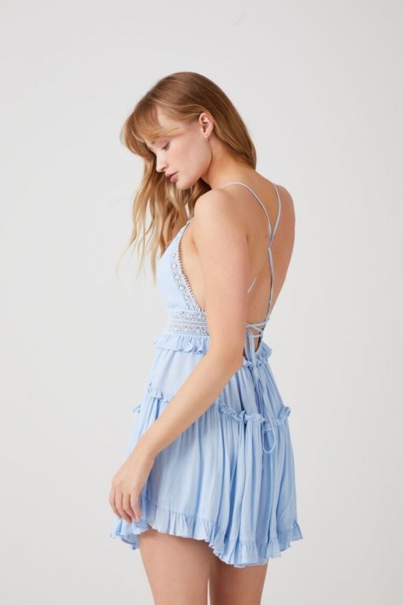 Vestido Forever 21 Plunging Lace Back Ruffled Mujer Azules Claro | UMek20SsE0i