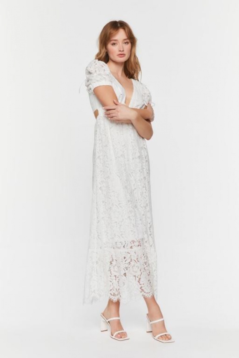 Vestido Forever 21 Plunging Lace Maxi Mujer Blancas | e97BgqeaSwS