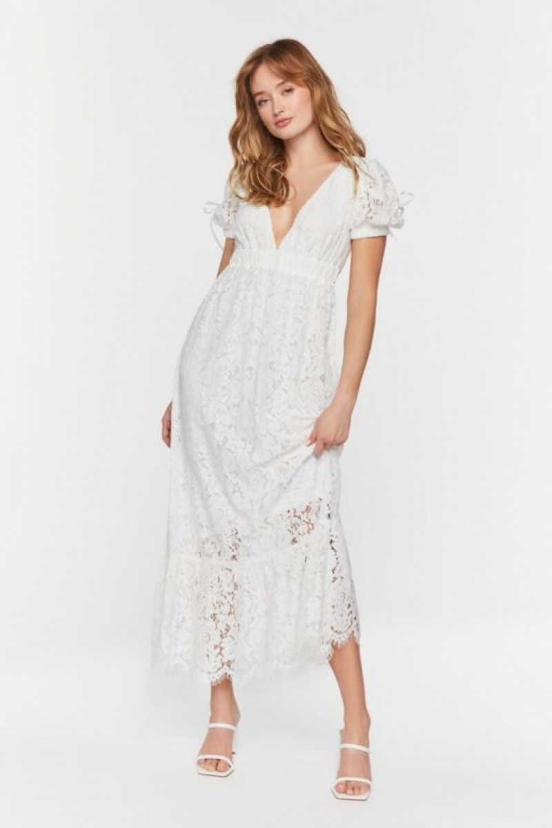 Vestido Forever 21 Plunging Lace Maxi Mujer Blancas | e97BgqeaSwS