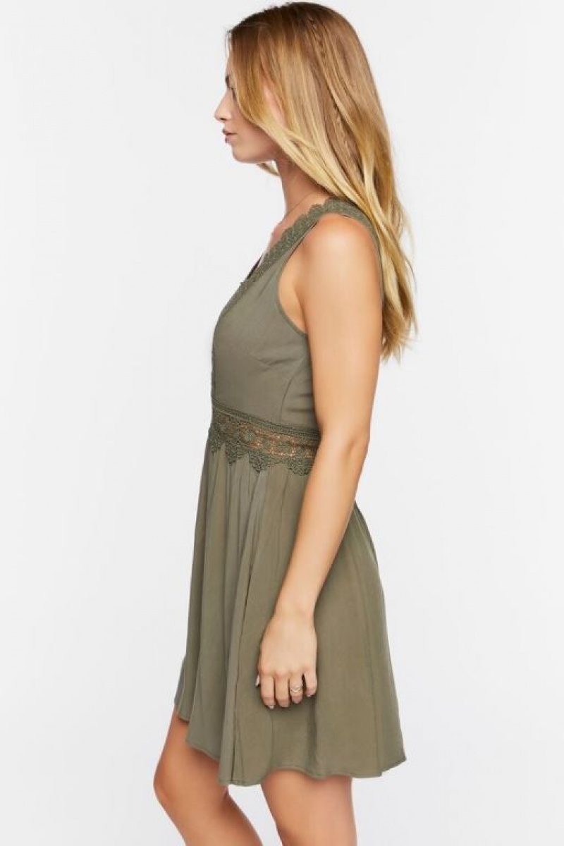 Vestido Forever 21 Plunging Lace Trim Mini Mujer Verde Oliva | yfVy96IBBGG