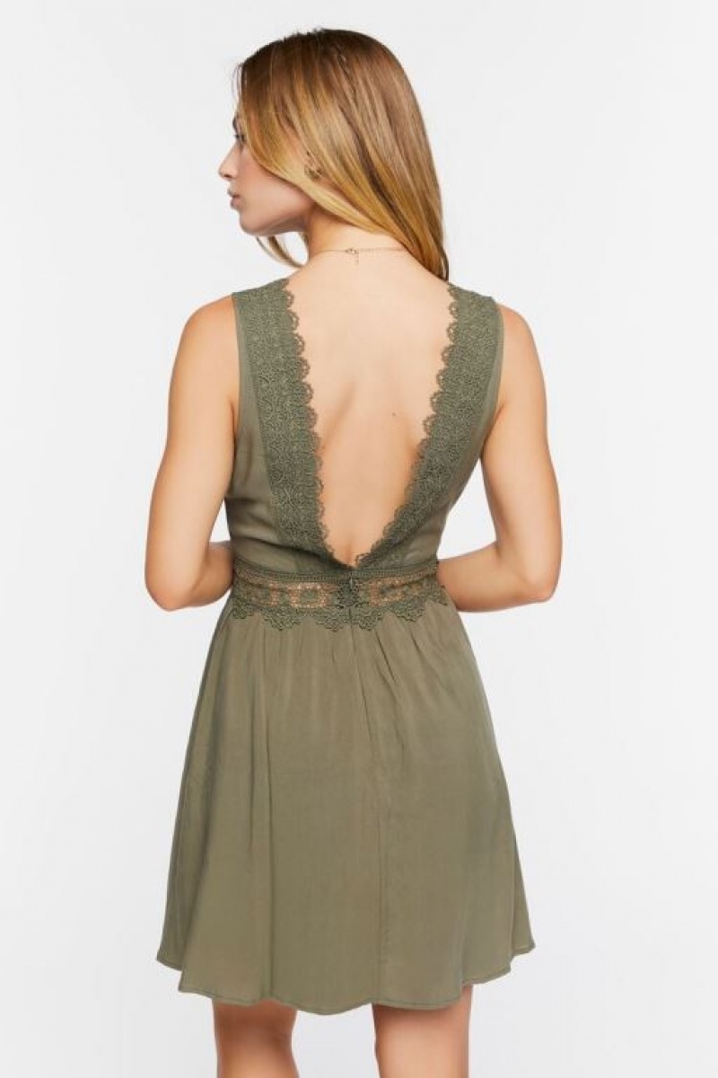 Vestido Forever 21 Plunging Lace Trim Mini Mujer Verde Oliva | yfVy96IBBGG