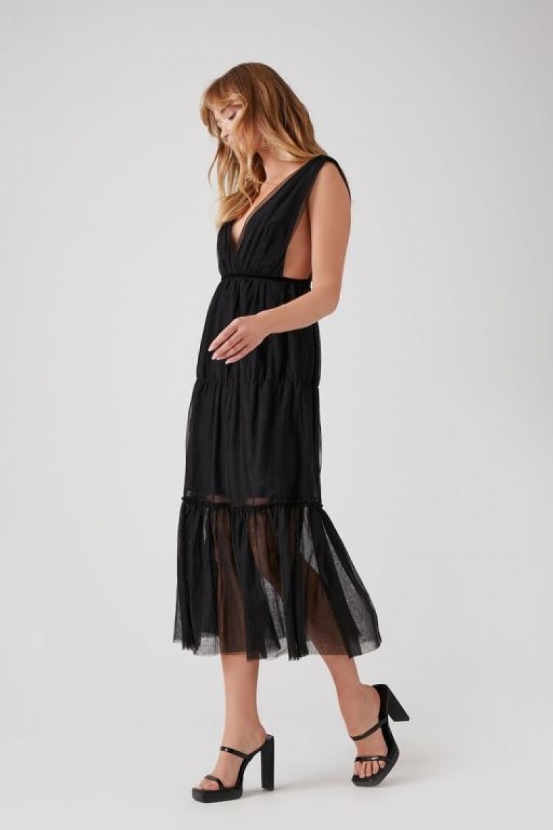 Vestido Forever 21 Plunging Mesh Midi Mujer Negras | BzUIjLT8AJF