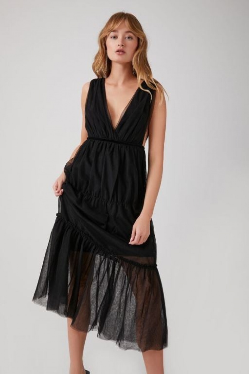 Vestido Forever 21 Plunging Mesh Midi Mujer Negras | BzUIjLT8AJF