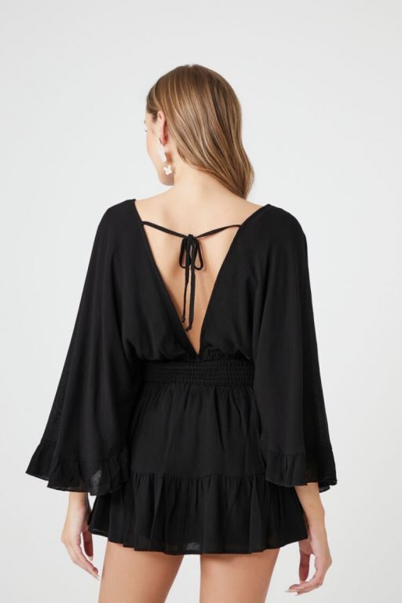 Vestido Forever 21 Plunging Ruffle Trim Mini Mujer Negras | L0oV3Zewfaj