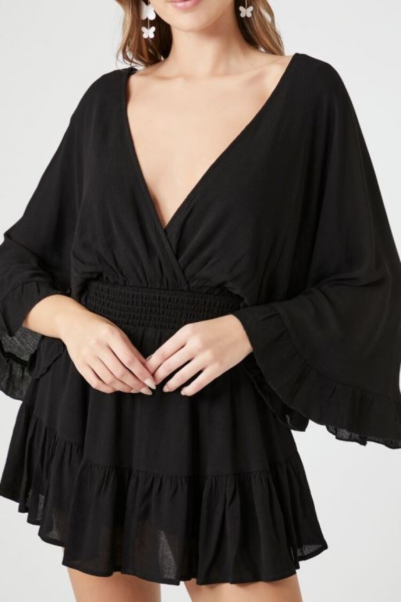 Vestido Forever 21 Plunging Ruffle Trim Mini Mujer Negras | L0oV3Zewfaj