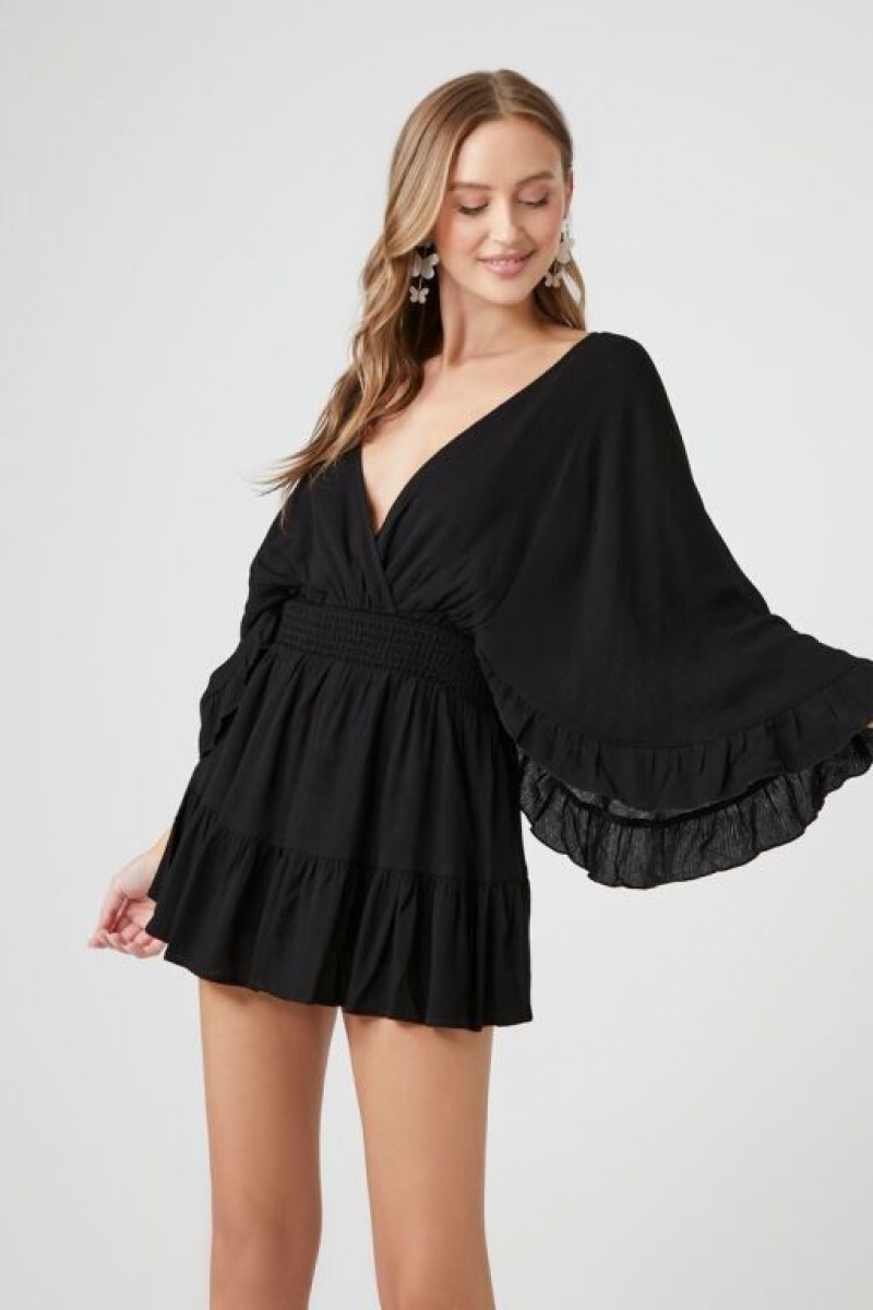 Vestido Forever 21 Plunging Ruffle Trim Mini Mujer Negras | L0oV3Zewfaj