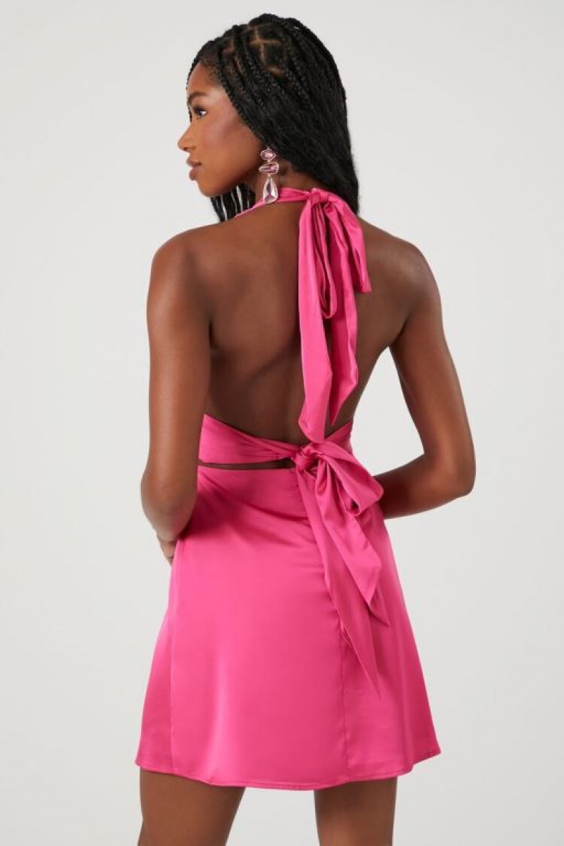 Vestido Forever 21 Plunging Satin Halter Mini Mujer Rosas | N9RTrpFXhtV